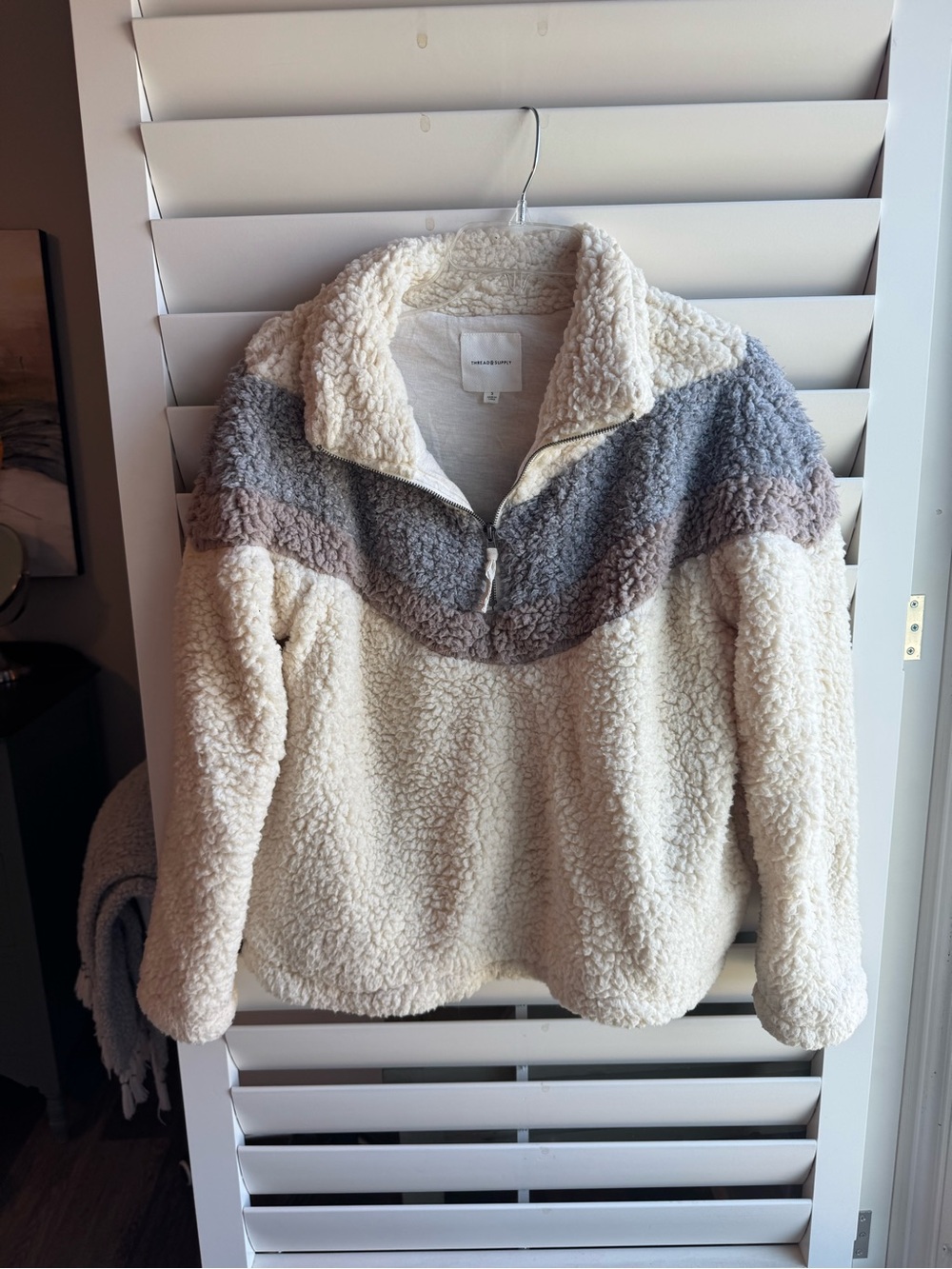 Thread & Supply Cream Sherpa Pullover with Gray Chevron Yoke